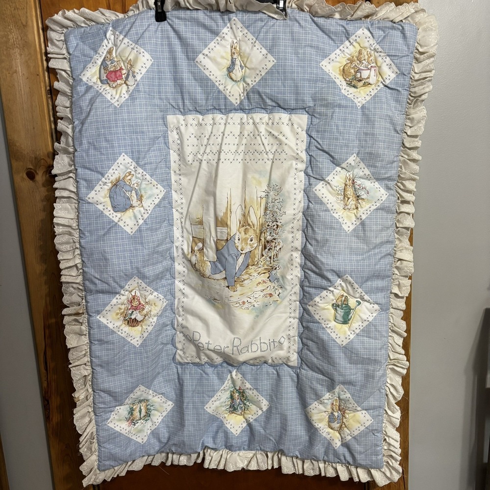 Vintage Beatrix Potter Peter Rabbit Blue Quilt Set 3pc Comforter/Dust Ruffle